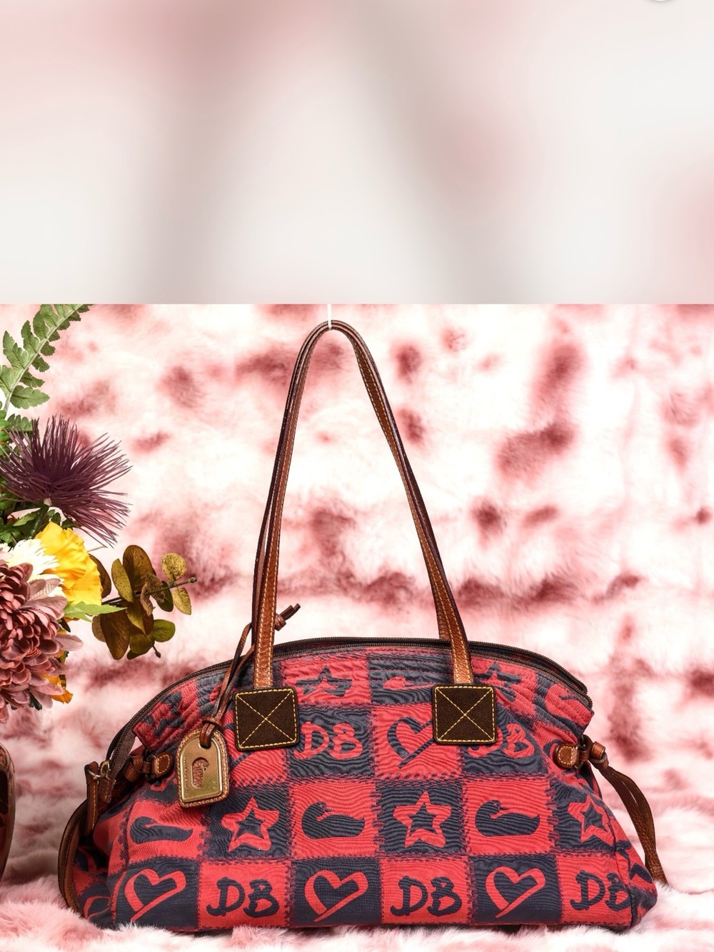 Dooney & Bourke Red & Navy Checker Logo Shoulder Bag with Brown Trim
